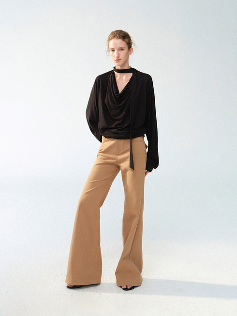 Lyocell Acetate Linen Draped Cowl-Neck Tie Blouse – Relaxed Minimalist Long Sleeve Top