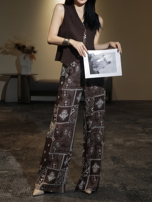 Vintage Paisley Print Wide-Leg Pants & Tailored Vest Set – Elegant Workwear Two-Piece Suit