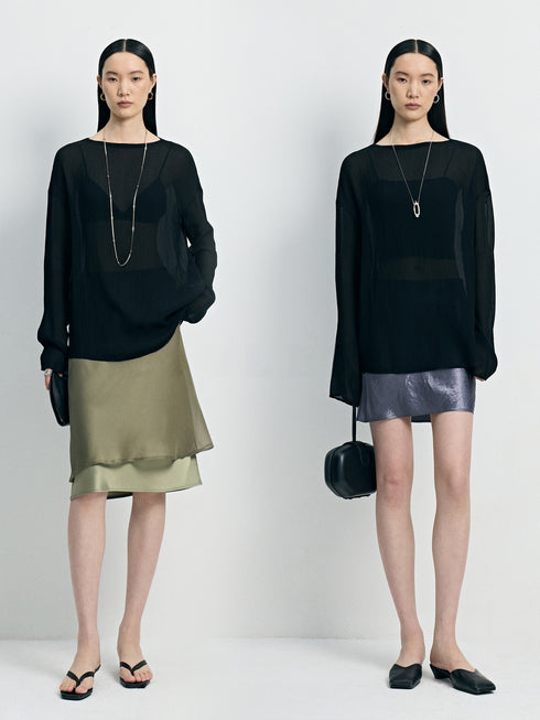 Japanese Cupro Sheer Crinkled Blouse - Ethereal Semi-Sheer Lightweight Top