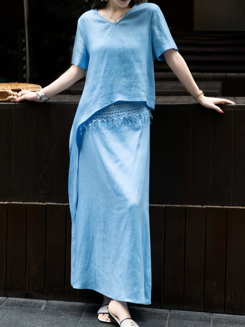 100% Linen Embroidered Lace Two‑Piece Set – Summer Side‑Tie Top and Maxi Skirt