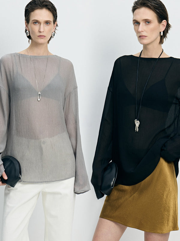 Japanese Cupro Sheer Crinkled Blouse - Ethereal Semi-Sheer Lightweight Top