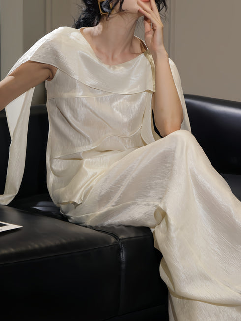 French Elegant Draped Cape Top & Wide-Leg Pants Set – Luxury Minimalist Statement Two-Piece
