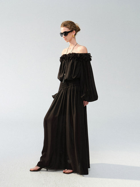 Petal Ruffle Off-Shoulder Cupro Blend Blouse – Sheer Romantic Balloon Sleeve Top