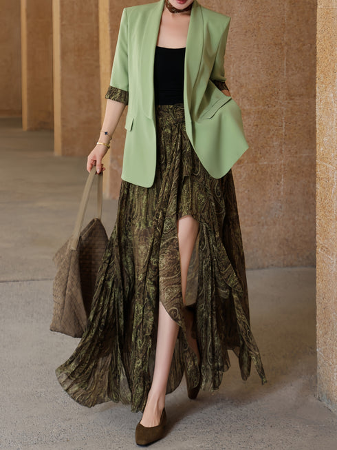 Elegant Sage Green Blazer & Paisley Print Maxi Skirt Two‑Piece Set – Women's Designer Workwear Suit