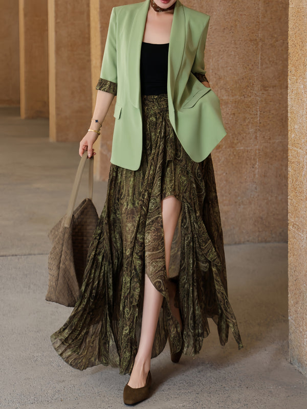 Elegant Sage Green Blazer & Paisley Print Maxi Skirt Two‑Piece Set – Women's Designer Workwear Suit