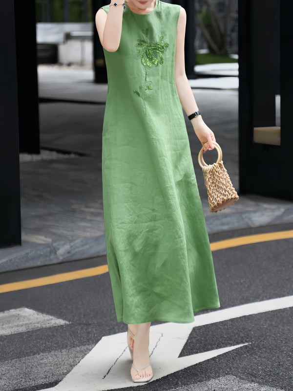 Minimalist Linen Embroidered Sleeveless Maxi Dress – Elegant One‑Piece Summer Linen Dress