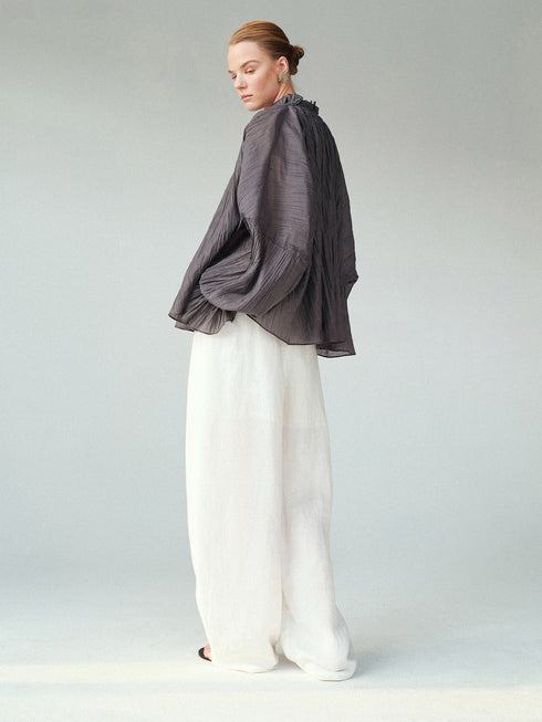 Lyocell‑Blend Pleated V‑Neck Ruffle Blouse – Sheer Lantern Sleeve Statement Top
