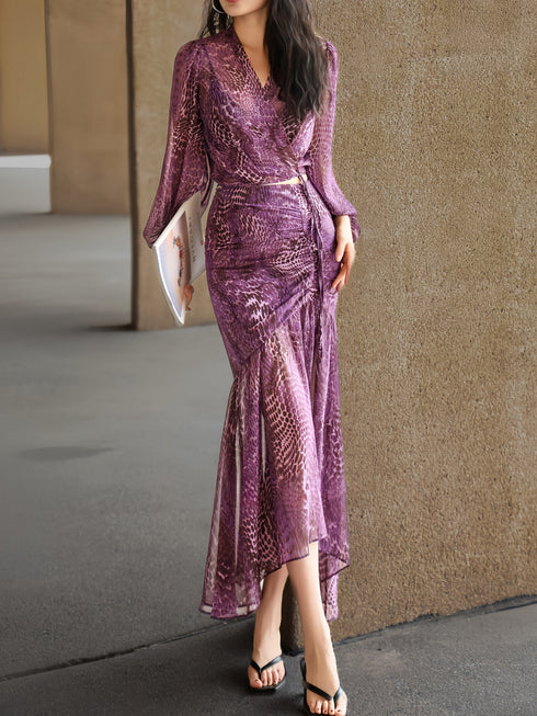 French Elegant Leopard Print Puff Sleeve Wrap Top & Mermaid Skirt Set – Luxe Waist-Cinching Two-Piece Dress