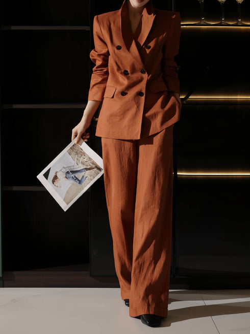Old Money Linen Double-Breasted Blazer & Wide-Leg Trousers Suit Set – Relaxed Tailored Summer Workwear