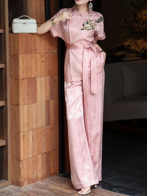 Embroidered Jacquard Silk‑Touch Cheongsam Top & Wide‑Leg Pants Set – Belted Waist Two‑Piece Suit