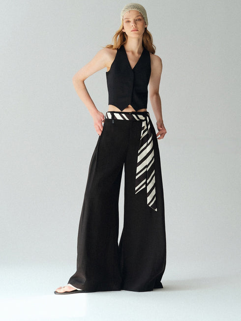 Urban Intellect Linen-Blend Double-Pleated Wide-Leg Trousers with Striped Silk Scarf