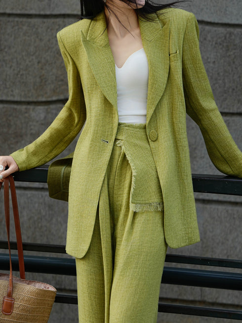 Relaxed Tailored Blazer & Wide-Leg Pants Set – Textured Viscose Three-Piece Suit with Draped Belt Panel