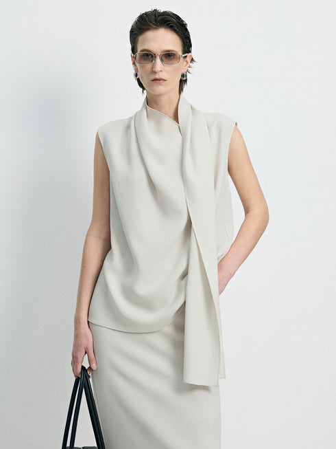 Quiet Luxury Cooling Acetate Asymmetric Scarf Blouse & Midi Skirt Set