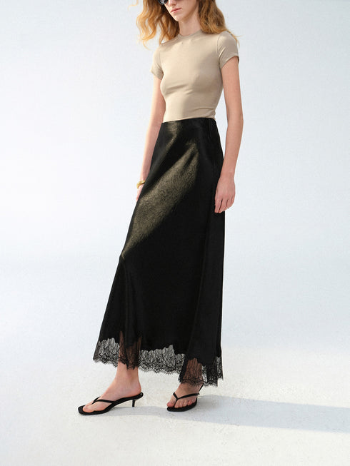 Acetate Satin U-Neck Tank & Lace-Trim Bias-Cut Maxi Skirt Set – Minimalist Luxury Slip Ensemble