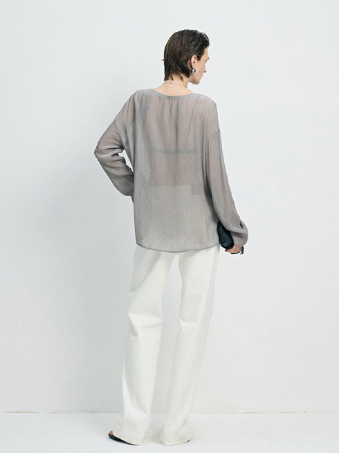 Japanese Cupro Sheer Crinkled Blouse - Ethereal Semi-Sheer Lightweight Top