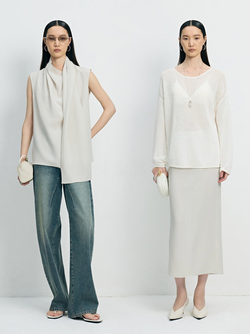 Quiet Luxury Cooling Acetate Asymmetric Scarf Blouse & Midi Skirt Set