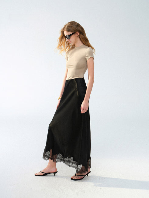 Acetate Satin Bias-Cut Lace Hem Midi Skirt – Luxury Fluid Draped Slip Skirt
