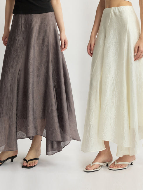 Crinkled Acetate Asymmetric Maxi Skirt – Fluid Draped High-Waist Statement Skirt