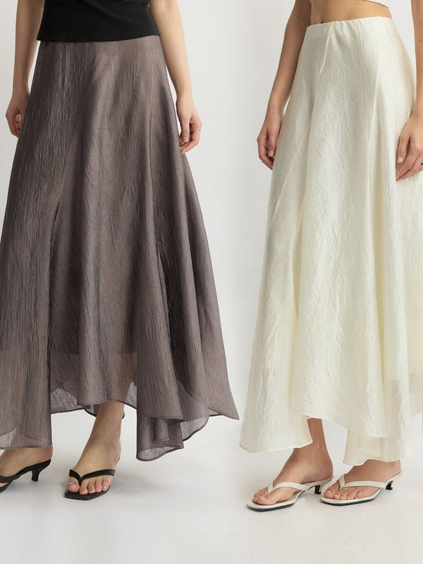 Crinkled Acetate Asymmetric Maxi Skirt – Fluid Draped High-Waist Statement Skirt