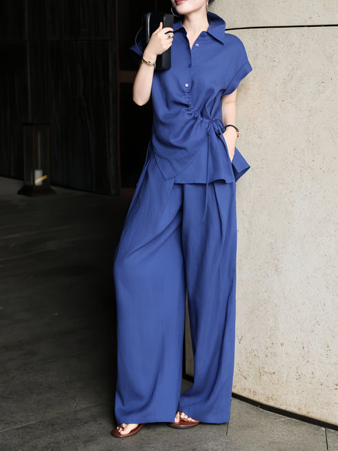 100% Linen Twisted-Drape Shirt & Wide-Leg Pants Set – Elegant Summer Formal Two-Piece Outfit