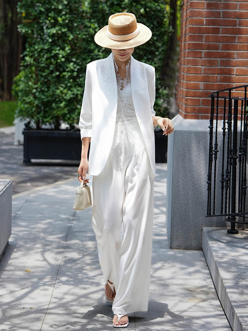 Collarless Acetate Tailored Blazer – Minimalist Spring Summer Office Jacket with Lace Camisole