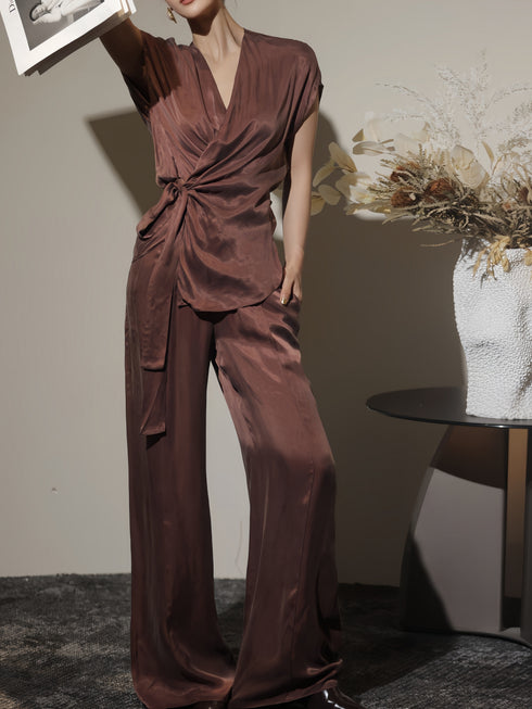 Luxury Satin-Texture Wrap V-Neck Tie Blouse & High-Waisted Wide-Leg Pants Set