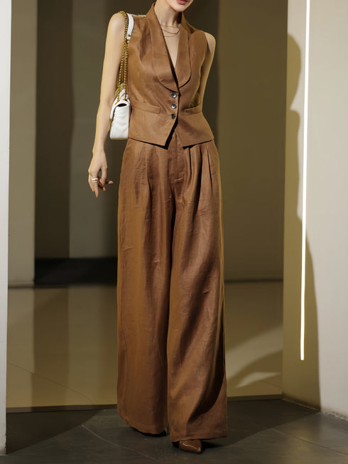Vintage Linen Tailored Vest & Wide‑Leg Pants Set – Back Print Designer Two‑Piece Suit