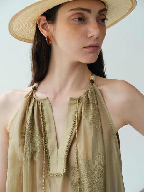 Lyocell Embroidered Tassel Halter Top – Lace-Trim Sleeveless Draped Blouse