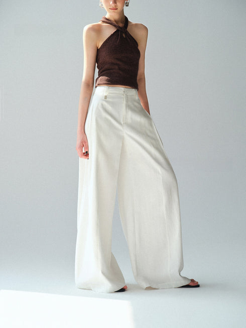 Urban Intellect Linen-Blend Double-Pleated Wide-Leg Trousers with Striped Silk Scarf