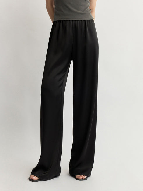 Japanese Triacetate Luminous Double-Satin Wide-Leg Pants - Elastic Waist Airy Draped Trousers