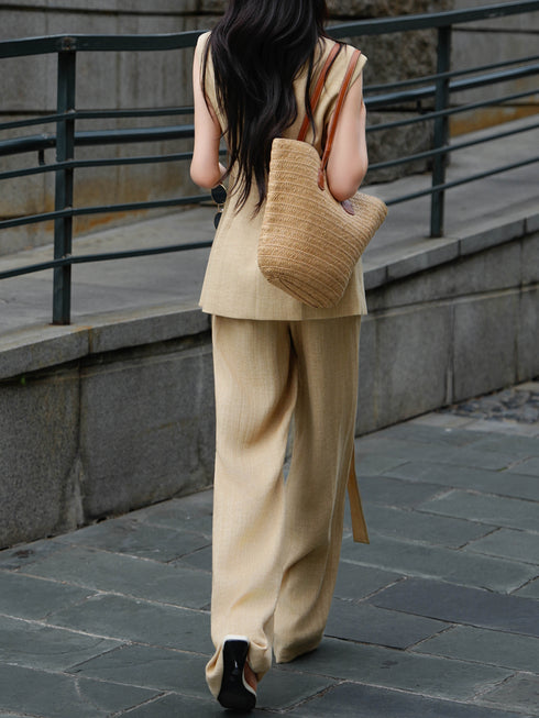Old Money Minimalist Sleeveless Belted Vest & Wide-Leg Pants Set – Elegant Office Two-Piece Suit
