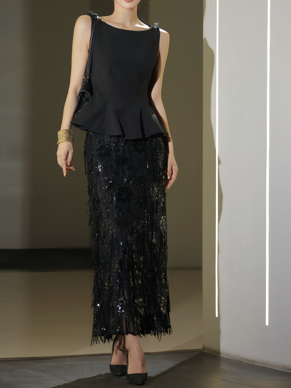 French Hepburn Bow-Strap Peplum Top & Sequin Fringe Midi Skirt Set – Elegant Evening Two-Piece