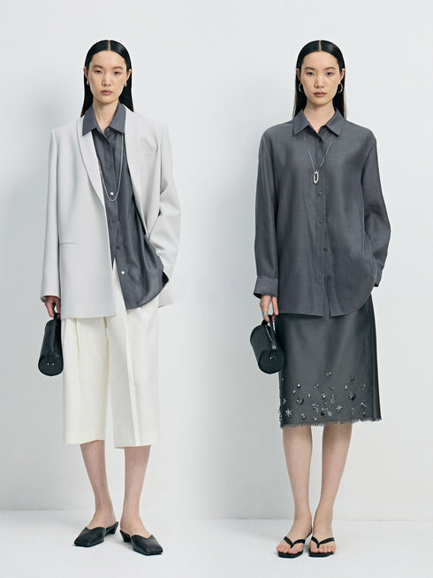 Sheer TENCEL Wool Relaxed Oversized Shirt - Luxe Lightweight Draped Blouse