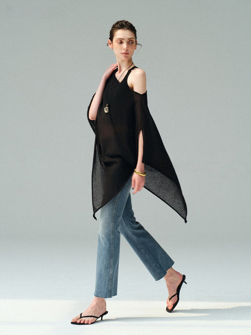 Linen-Blend Sheer Asymmetric Knit Cape – Multi-Way Lightweight Draped Poncho