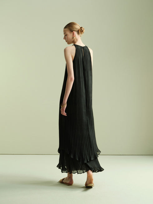 Pleated Halter Maxi Dress – Sculptural Accordion Pleats Double-Layer Ruffle Hem Summer Dress