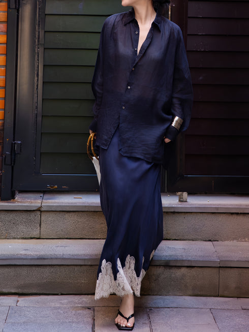 Acetate Satin Lace-Trim Slip Skirt – Elegant High-Waist Bias-Cut Midi Skirt