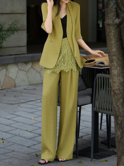 Summer Old Money Lace-Layered Blazer & Wide-Leg Pants Set – Elegant 4‑Piece Linen Lyocell Suit