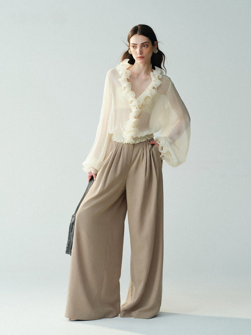 Luxury Cupro-Blend 3D Fan-Ruffle V-Neck Blouse – Sheer Statement Top