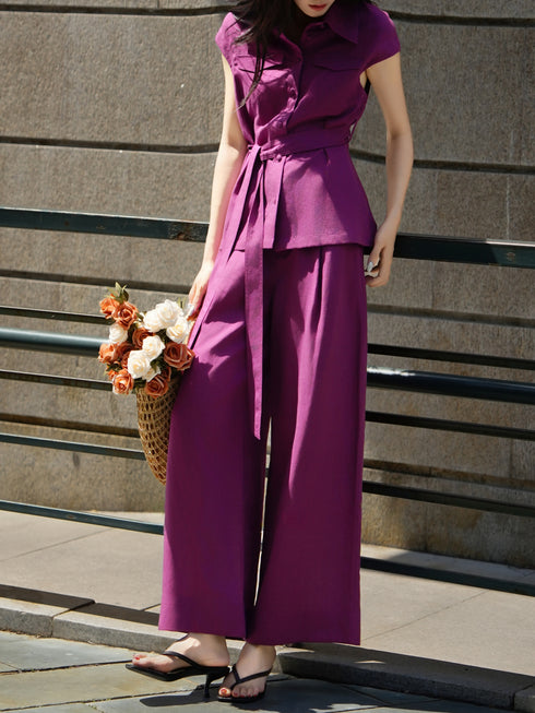 Tencel Linen Belted Vest & Wide-Leg Pants Set – Tailored Sleeveless Shirt and Relaxed Summer Suit
