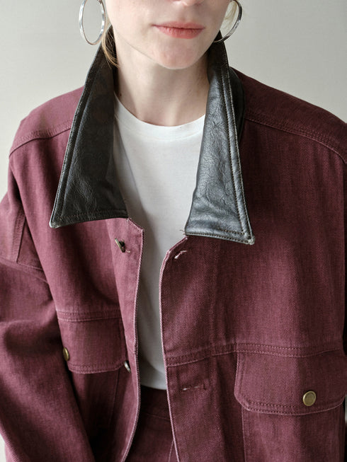 Vintage Barn-Style Washed Denim Jacket with Leather Collar – Heavyweight Distressed Workwear Coat