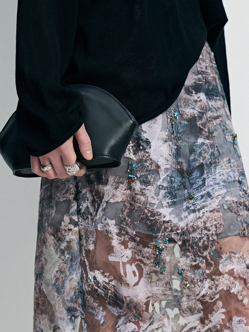 Hand-Beaded Burnout Floral Mesh Layered Midi Skirt - Detachable Double-Layer Sheer Statement Skirt
