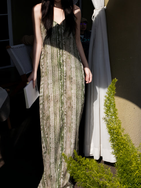 Tencel Linen Printed Slip Maxi Dress – Relaxed Bohemian Contrast-Pattern Spaghetti Strap Dress