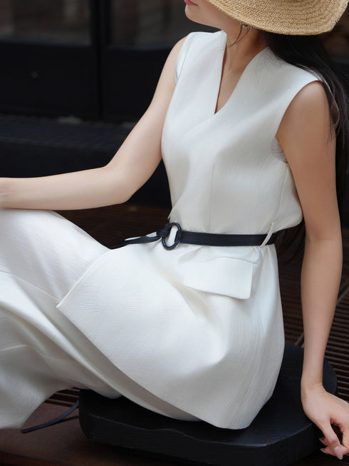 Minimalist Sleeveless V-Neck Tailored Vest & Wide-Leg Pants Set – Elegant Summer Belted Suit