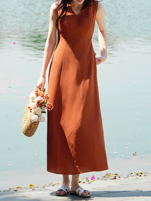 Old-Money Linen Sleeveless Maxi Dress – Relaxed V-Neck Minimalist Summer Dress