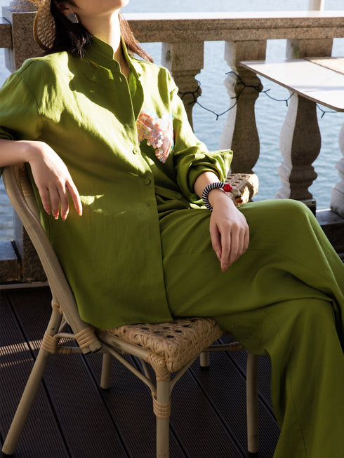 100% Linen Relaxed Embroidered Shirt & Wide-Leg Pants Set – Luxury Linen Two-Piece Outfit