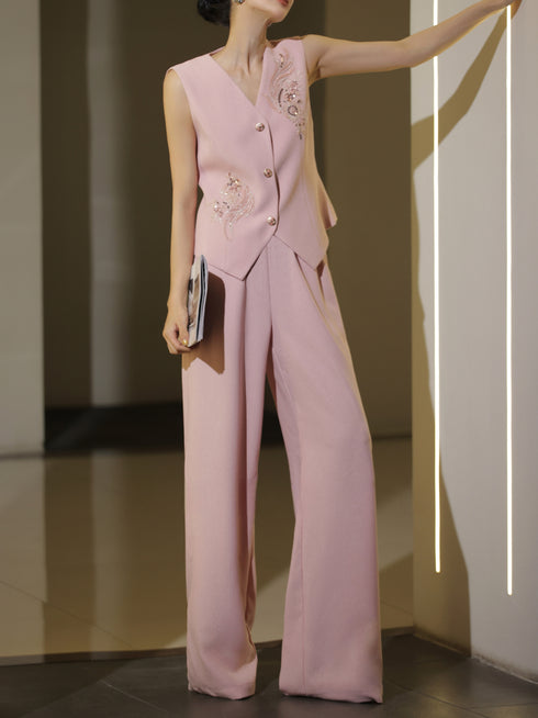 Old-Money Embroidered Waist-Cinched Vest & Wide-Leg Trouser Set – Elegant Tailored Spring Summer Suit