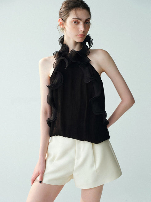 Luxury Cupro-Blend 3D Ruffle Halter Top – Sleeveless Couture Statement Blouse
