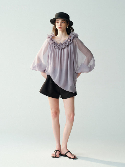 Cupro-Blend 3D Floral Off-Shoulder Blouse – Sheer Lantern Sleeve Couture Top