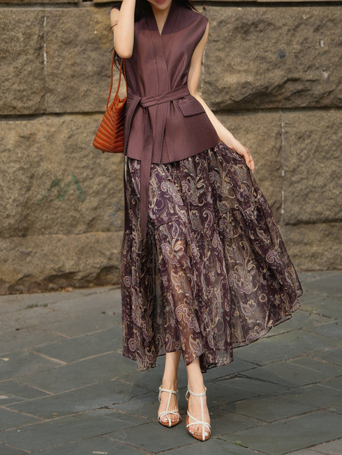 Vintage Waist-Tie Vest & Paisley Print Maxi Skirt Set – Elegant Spring Summer Two-Piece Outfit