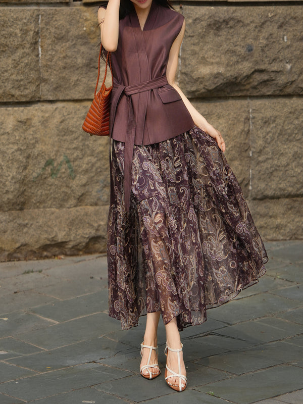 Vintage Waist-Tie Vest & Paisley Print Maxi Skirt Set – Elegant Spring Summer Two-Piece Outfit